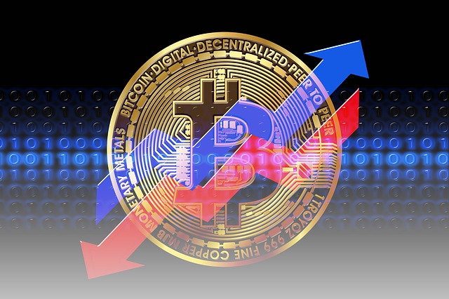 Op deze foto zie je een stijgende en dalende koers van de Bitcoins 