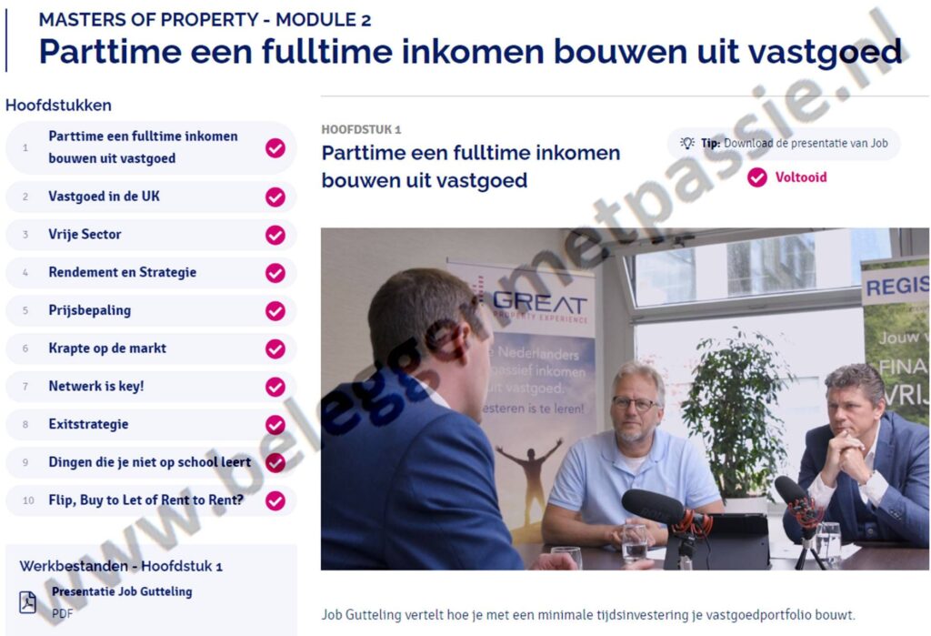 Op deze foto zie je Module #2: Parttime een fulltime inkomen bouwen uit vastgoed van Masters of Property (Great Property Experience)
