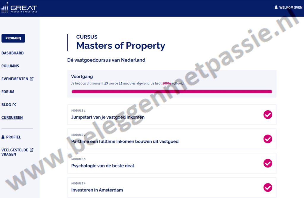 Op deze foto zie je de online omgeving van Masters of Property (Great Property Experience)