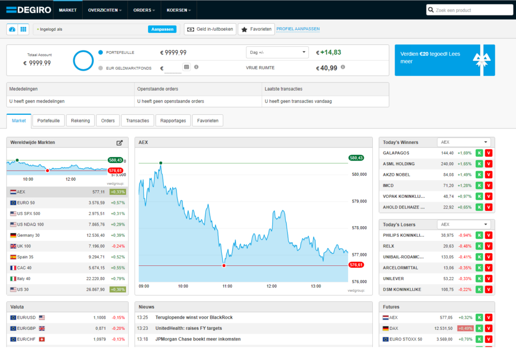 Op deze foto zie je het DEGIRO dashboard
