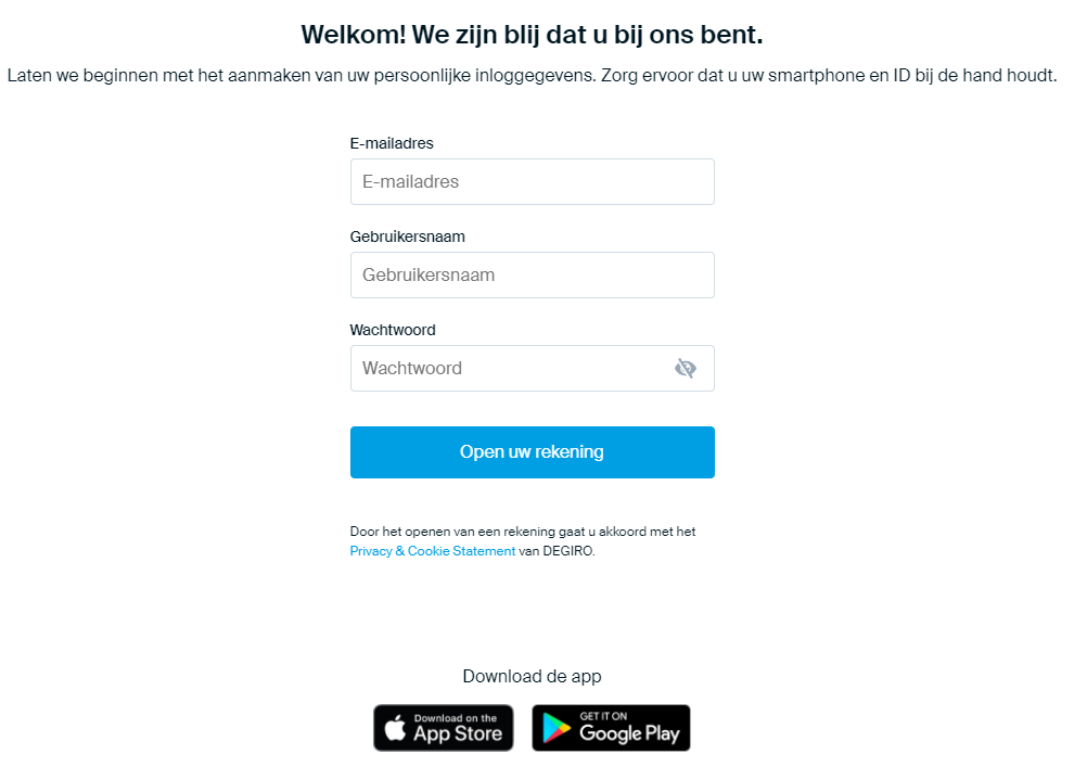 Op deze foto zie je hoe je een rekening moet openen bij DEGIRO