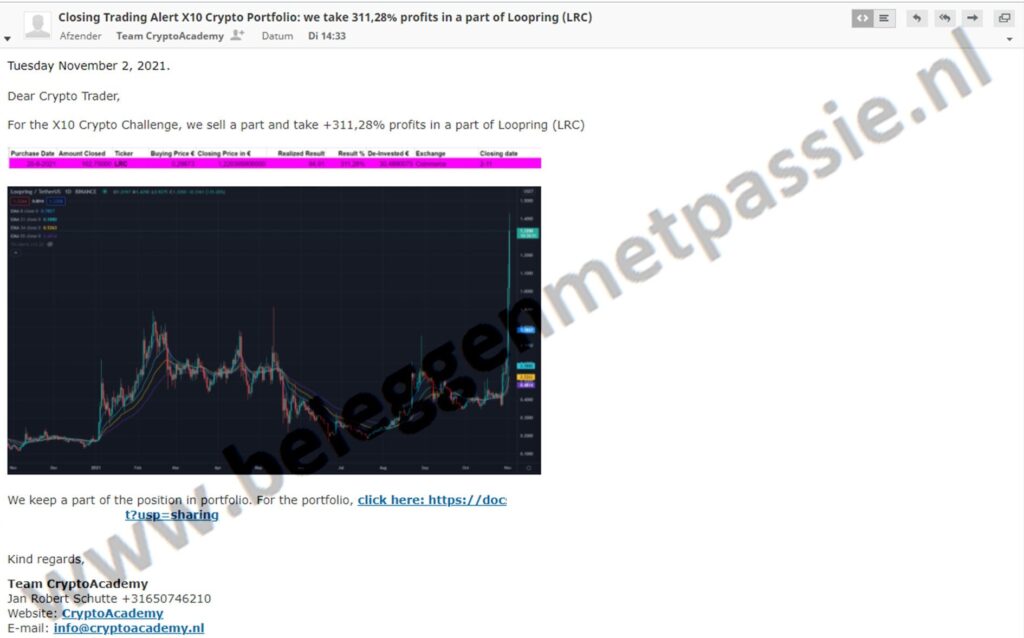 Op deze foto zie je een Closing Trading Alert van de cursus X10 met crypto