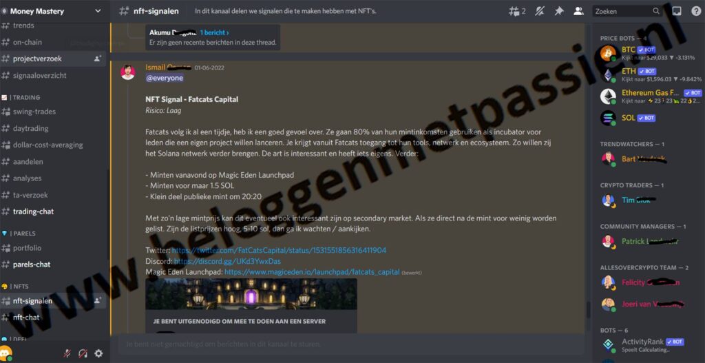 Op deze foto zie je Crypto Signals (via Discord) uit Money Mastery