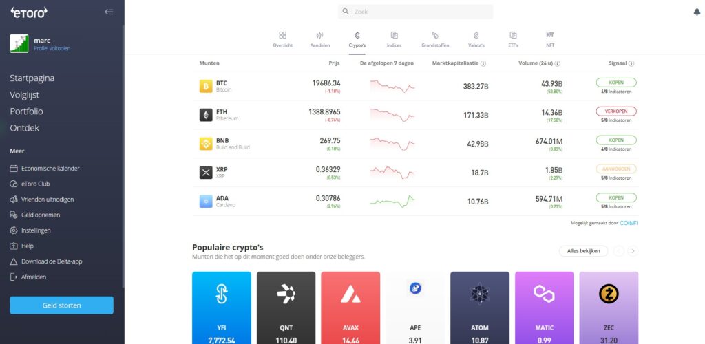 Op deze foto zie je het dashboard van Etoro Crypto, mijn #9 van Beste Crypto Brokers