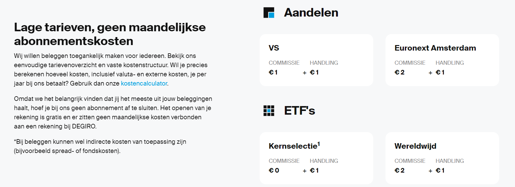 Op deze foto zie je DEGIRO tarieven in vergelijking met DEGIRO vs Trading212