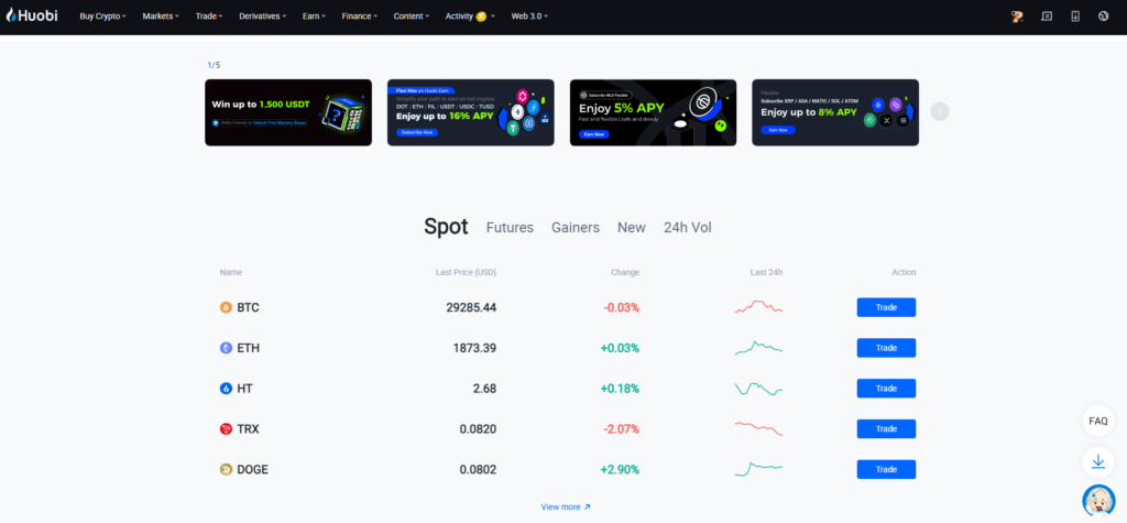 Op deze foto zie je het dashboard van Huobi, mijn #7 van Beste Crypto Brokers
