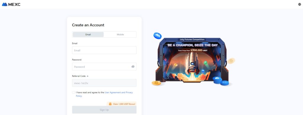 Op deze foto zie je hoe je account kan aanmaken bij mexc exchange