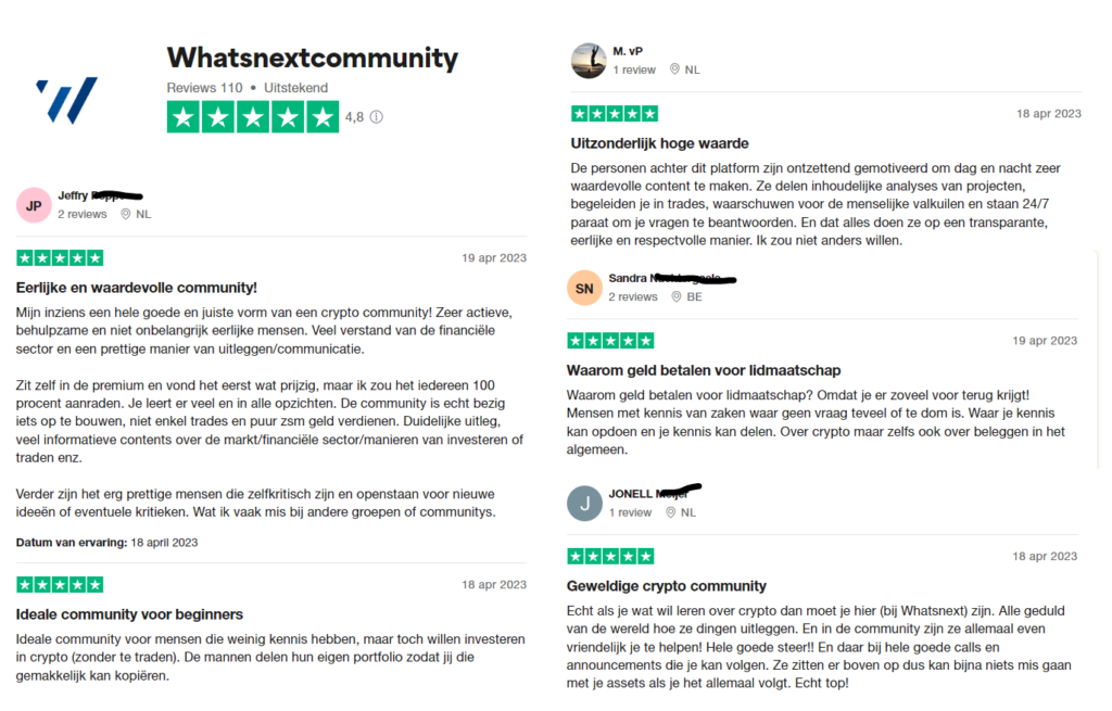 Op deze foto zie je de WhatsNext Community trustpilot