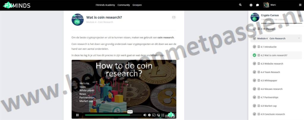 Op deze foto zie je Module 4 - Coin Research van FXminds crypto cursus
