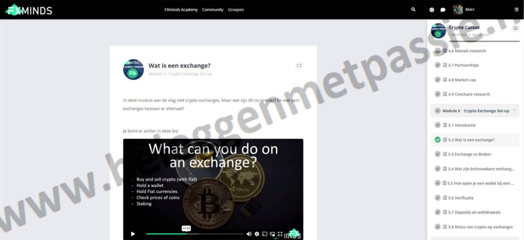 Op deze foto zie je Module 5 - Crypto Exchange Set-up van FXminds crypto cursus