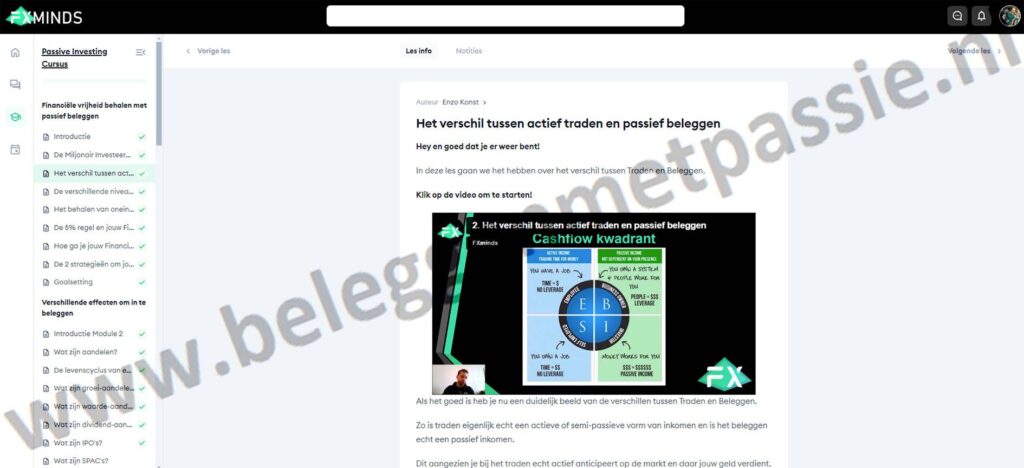 Op deze foto zie je de online omgeving van de FXminds Aandelen Cursus