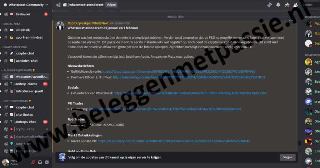 Op deze foto zie je WhatsNext Community, mijn #1 van beste crypto trading signals