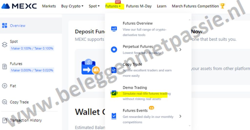 Op deze foto zie je demo trading van MEXC Futures