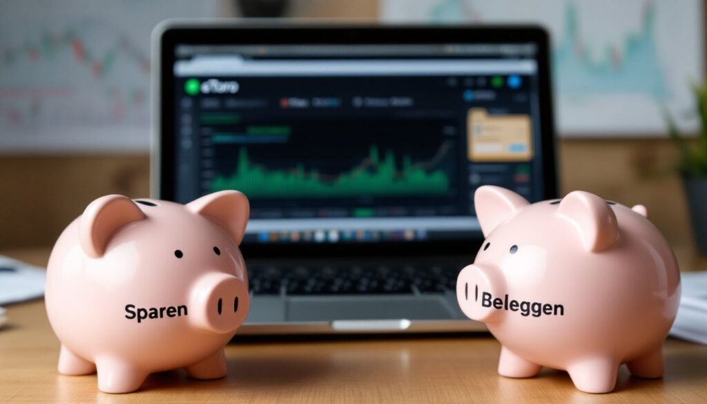 Op deze foto zie je 2 spaarvarkens als symbool voor Sparen vs Beleggen