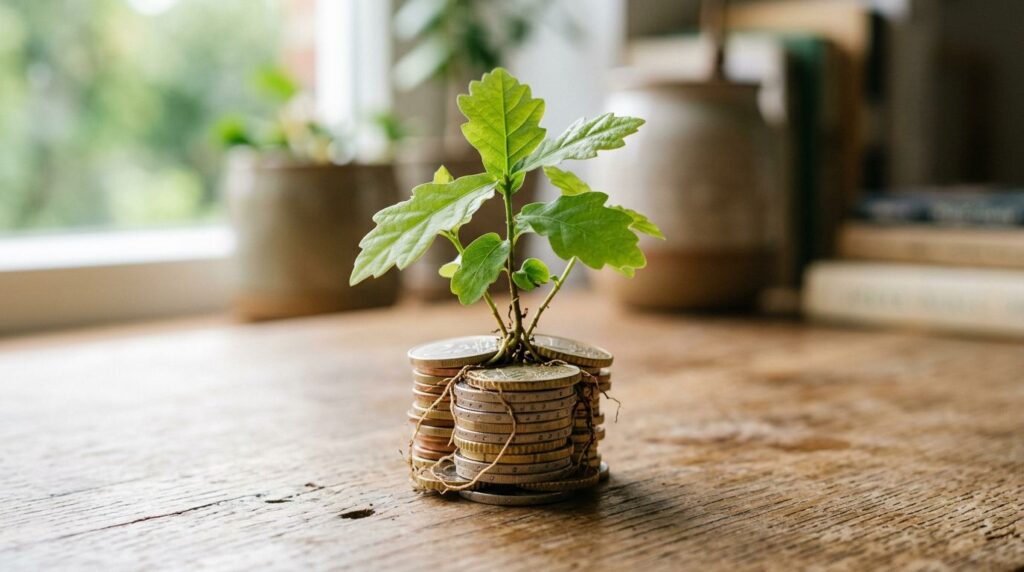 Op deze foto zie je een plantje en geld