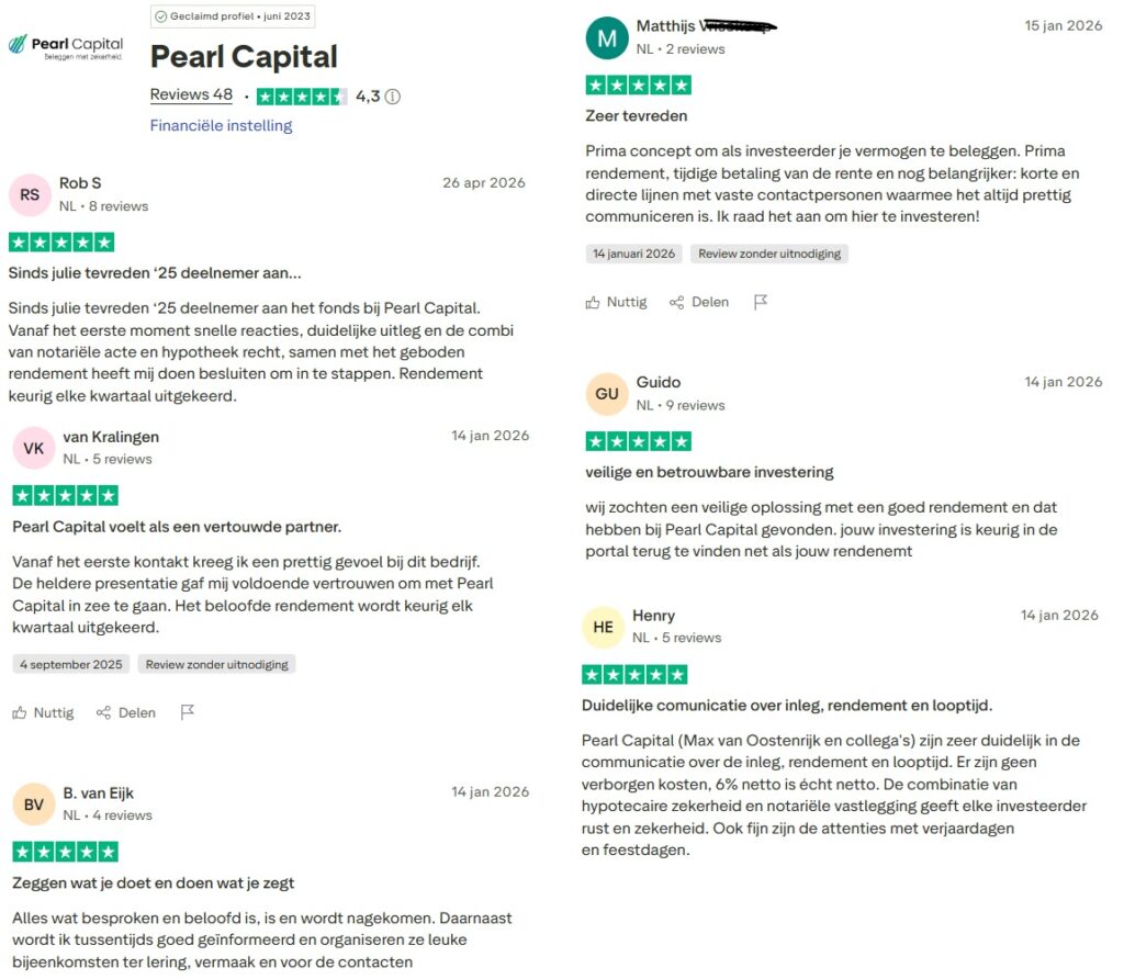 Op deze foto zie je het trustpilot ervaringen van Pearl Capital